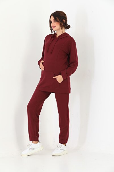 Miss Dünya Lissa Claret Red Maternity and Maternity Hooded Sweatshirt Tracksuit Set