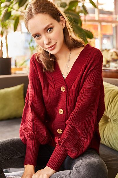 Olalook Cardigan din tricotaje împletit cu păr gros bordeaux închis pentru femei HRK-19000082