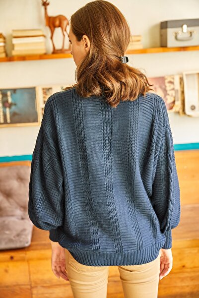 Olalook Cardigan tricot împletit cu păr gros indigo pentru femei HRK-19000082