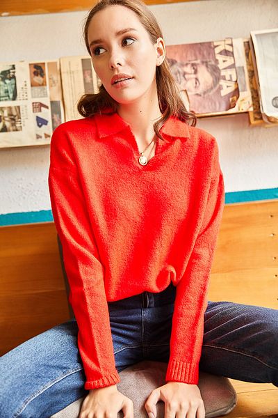 Olalook Roter Damen-Strickpullover mit Polokragen, gewaschen, weich, strukturiert, KZK-19000432