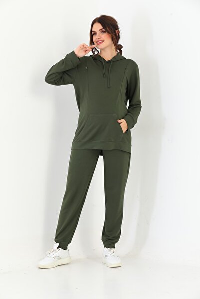 Miss Dünya Lissa Haki Hamile Ve Lohusa Kapüşonlu Sweatshirt Eşofman Takımı