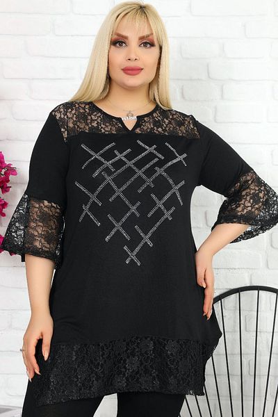 Kheos Short Sleeve Tunic with Stone Embroidered Collar and Lace Sleeves and Hem