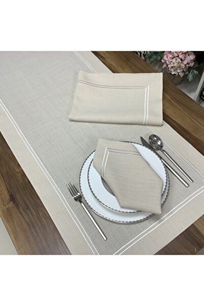 OYA home طقم مفرش طاولة مخيط باللون الأبيض الفاتح (1) ومنديل (8) وسجادة (1) -...