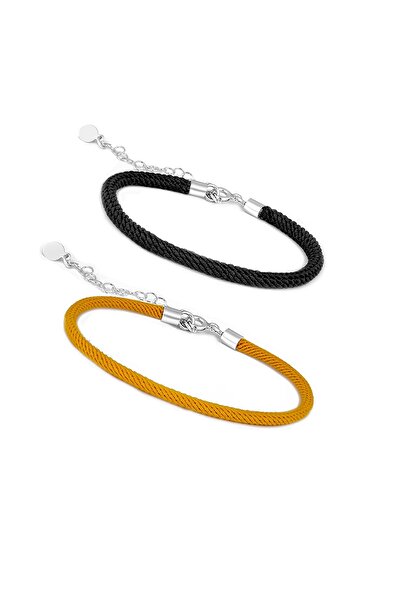 Huarz Sarı Siyah Örme Ip Gümüş Bileklik