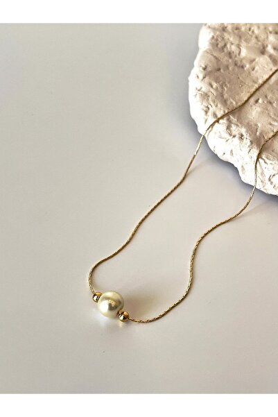 Ladies&Gentlemen Tek Cam Incili Altın Kaplama Tasarım Kolye