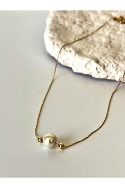 Ladies&Gentlemen Tek Cam Incili Altın Kaplama Tasarım Kolye