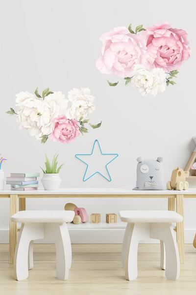 Sticker Ekspres Toz Pembe Krem Şakayık Çiçek Duvar Sticker Seti