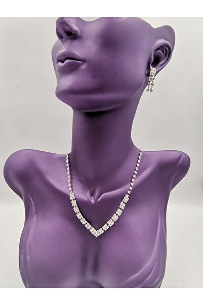 MELİH BİJUTERİ Su Yolu Abiye Kolye Küpe Set Kristal Taşlı Gelin Kolye Küpe Set