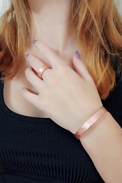 Fildişi Aksesuar Pattern Surface Women's Copper Ring and Bracelet Set Handmade Adjustable Copper Women's Set
