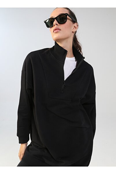 Black On Black Fermuarlı Yaka Baskılı Midi Siyah Kadın Elbise K-apıto