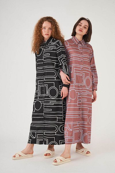 Mevra Black and White Patterned Shirt Dress