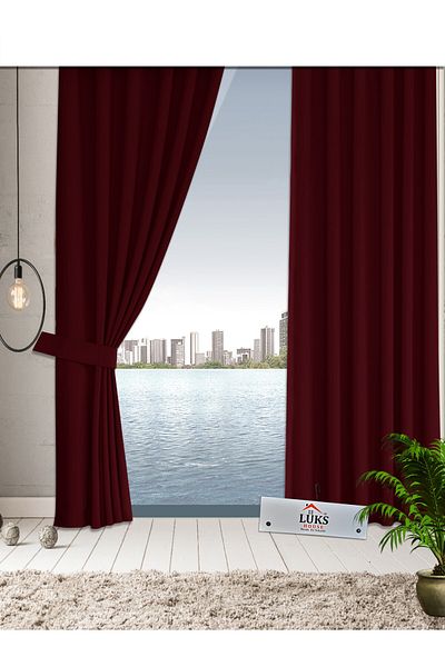 lüks House Claret Red Blackout Background Curtain Flat Planting Without Pleats