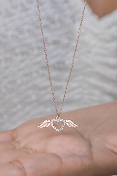 Nereze 925 Ayar Gümüş Rose Minik Uçuşan Kalp Kolye