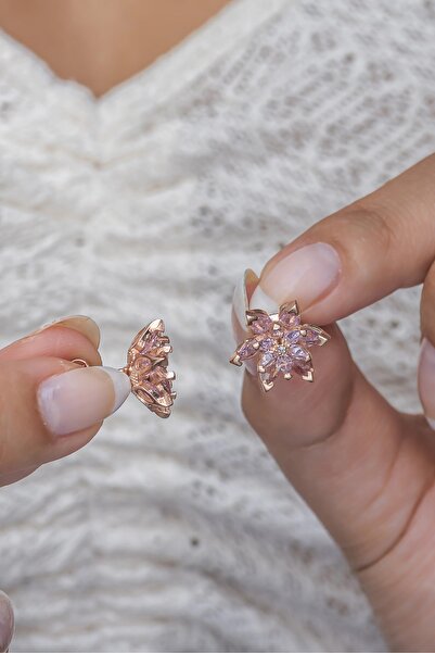 Nereze 925 Ayar Gümüş Pembe Taşlı Lotus Çiçeği Küpe