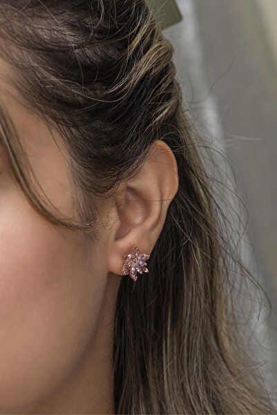 Nereze 925 Ayar Gümüş Pembe Taşlı Lotus Çiçeği Küpe