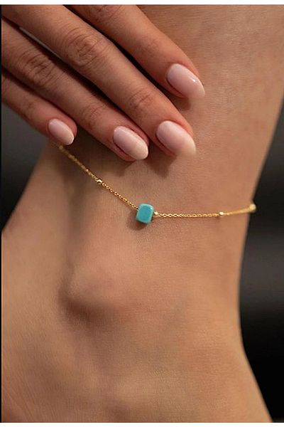 BİJUTERİ EVİ Blue Beaded Women's Anklet with Ball Chain