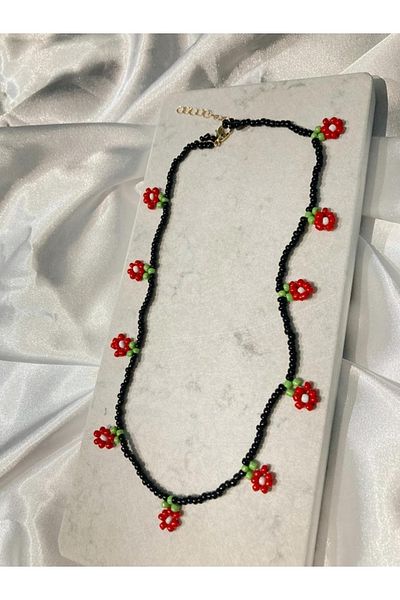 SWORDS CONCEPT Black Red Color Handmade Daisy Bead Necklace