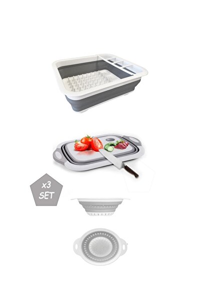 Lira مجموعة من 3 رف أطباق قابل للطي ولوح تقطيع ومنظمات مطبخ مصفاة