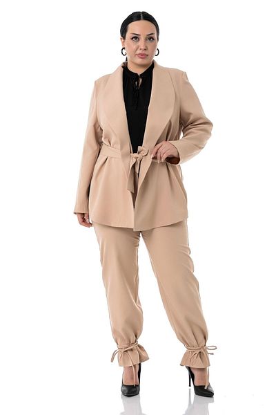 DISENTIS MODEST Plus Size Tie Detailed Jacket Trousers Beige Color Set