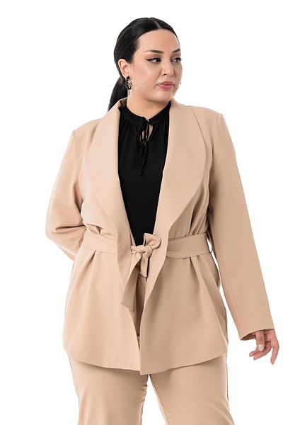 DISENTIS MODEST Plus Size Tie Detailed Jacket Trousers Beige Color Set