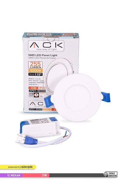 ACK 3w Recessed Round Led Panel Fixture White Body 3000k Daylight