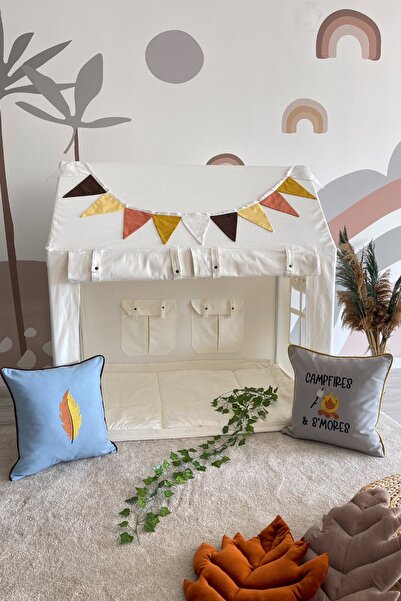 Miniden Çocuk Oyun Evi Krem Kamp Konsepti Oyun Çadırı Oyun Alanı Yastık Takımı