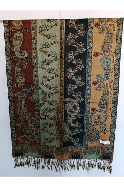 Butik Tülin Unisex Authentic Viscous Multi-Colored Patterned Double-Sided Tasseled Soft Shawl Made in India