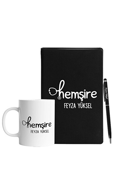 HighClass Hemşire Tasarımlı Isimli Siyah Defter Kalem & Kupa Hediye Seti