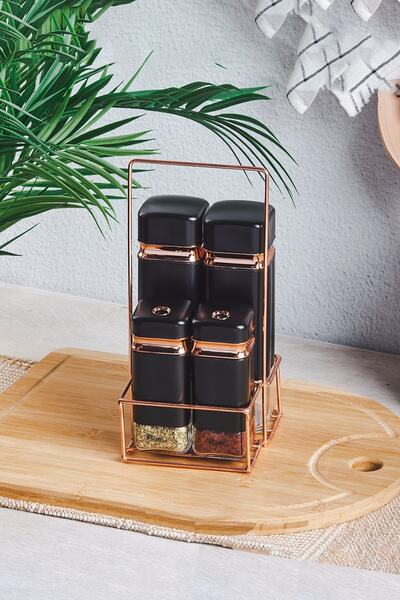 Turnberry 4'lü Kulplu Metal Standlı Cam Baharat Takımı Seti - Black Rose