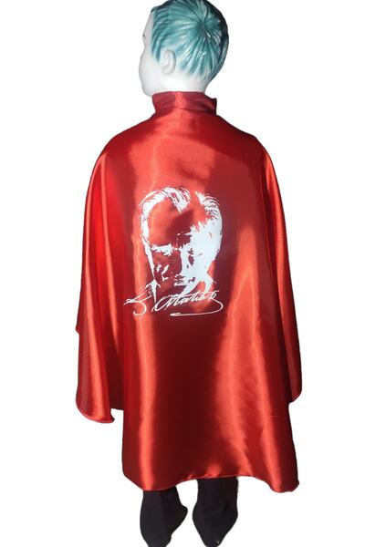 KostümBU 23 Nisan - 29 Ekim Kırmızı Atatürk Baskılı Pelerin 4-14 Yaş