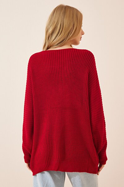 Happiness İstanbul Női piros V-nyakú Thessaloniki kötött túlméretes kötött pulóver ZA00059