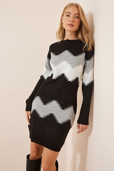 Happiness İstanbul Schwarzes gemustertes Mini-Strickkleid für Damen JS00008