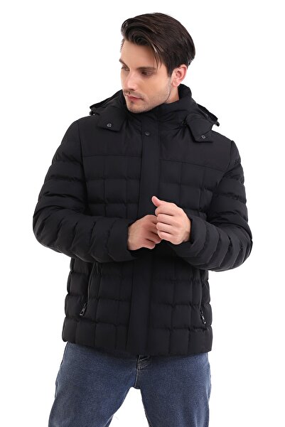 By Karaaslan Erkek Siyah Kışlık Kapüşonlu Mont Çıkma Kapişon Fermuarlı Mont