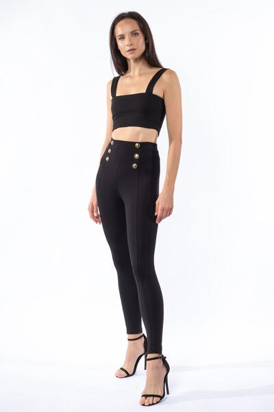 Grenj Fashion Μαύρο χειμερινό πλεκτό κολάν με κουμπιά και ζώνη, που συγκρατεί...