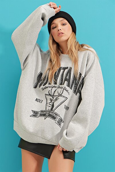 Trend Alaçatı Stili Γυναικεία μπλούζα με κουκούλα Grimelange με εμπριμέ φλις μέσα στο College ALC-X7442