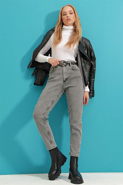 Trend Alaçatı Stili Dámské otevřené antracitové džíny s vysokým pasem s pěti kapsami Lycra Mom Jeans ALC-X9293