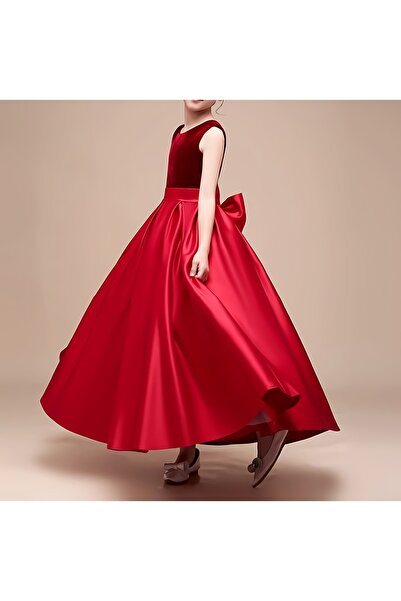 NSM Girl Child Red Velvet Party Birthday Ball Gown Graduation Satin Skirt Princess Evening Dress