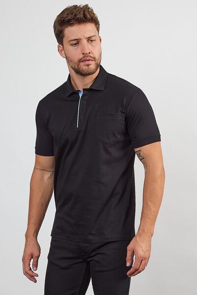 ENQUE تي شيرت رجالي أساسي أسود برقبة بولو مع جيوب وأزرار كبس