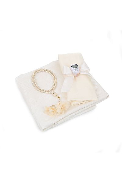 İkranur Ipek Nur Taffeta Prayer Rug Cream & Pearl Rosary Rose Cream & Cream Shawl & Zikrmatik