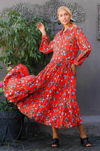 Chiccy Women's Red Shirt Collar Buttoned Floral Patterned Waist Gather Detailed Long Sleeve Dress M10160000EL94318