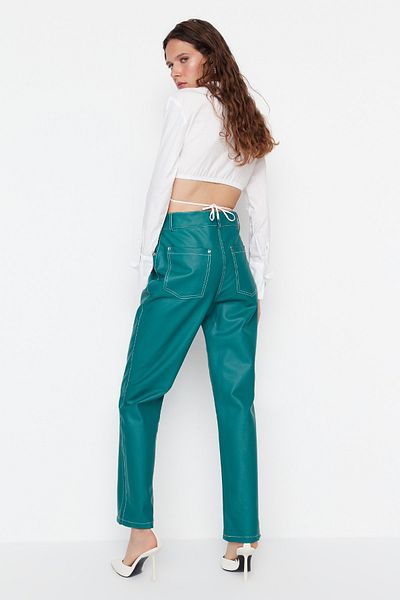 Trendyol Collection Limitovaná edice Zelené rovné tkané kalhoty z umělé kůže TWOAW22PL0214