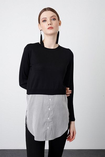 Tığ Triko Striped Shirt Detailed Knitwear Tunic-Black