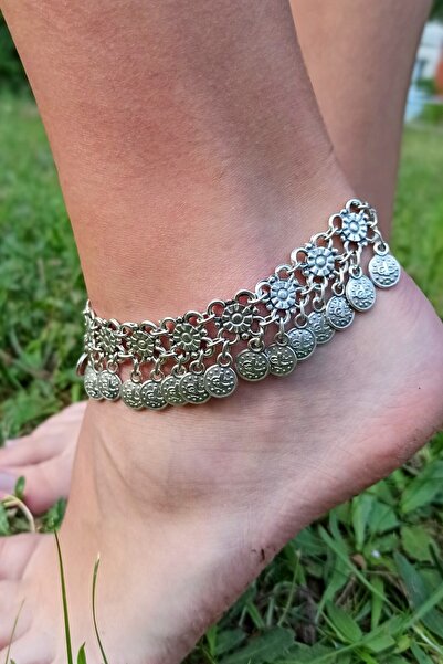 Fildişi Aksesuar Antik Gümüş Kaplama Geometrik Şekilli & Tuğralı El Yapımı Ayarlanabilir Kadın Halhal