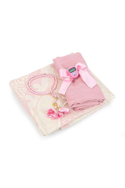 İkranur Silk Nur Taffeta Prayer Rug Pink & Pearl Prayer Beads with Roses Pink & Pink Shawl & Chanting