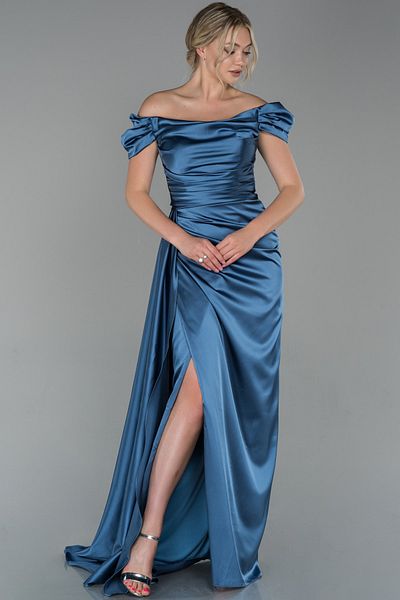 Abiyefon Leg-Cut Boat Neck Long Satin Evening Dress Abu1606