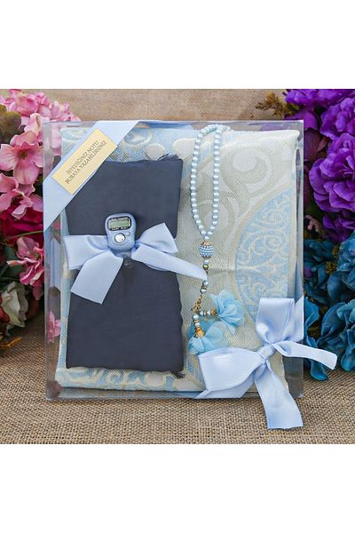 İkranur Silk Nur Taffeta Prayer Rug Blue & Pearl Rosary Rose Blue & Navy Blue Shawl & Chanting