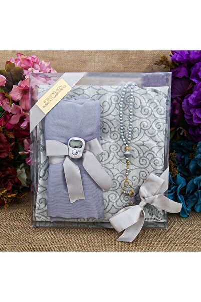 İkranur Ipek Nur Taffeta Prayer Rug Gray & Pearl Prayer Beads with Roses Gray & Gray Shawl & Zikrmatik