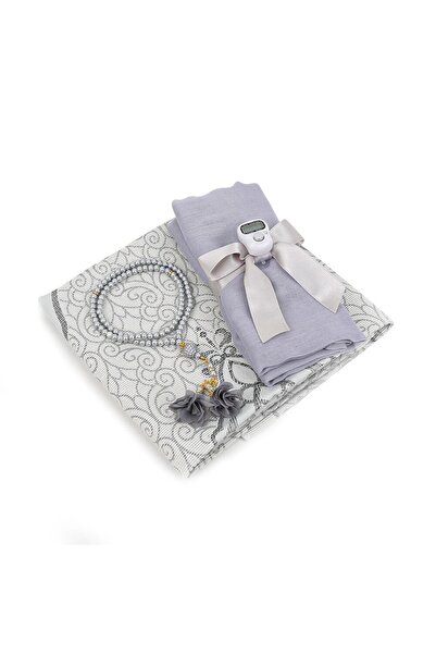 İkranur Ipek Nur Taffeta Prayer Rug Gray & Pearl Prayer Beads with Roses Gray & Gray Shawl & Zikrmatik