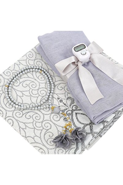 İkranur Ipek Nur Taffeta Prayer Rug Gray & Pearl Prayer Beads with Roses Gray & Gray Shawl & Zikrmatik