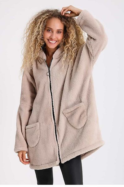 AYASOFYA OTANTIK Women's Beige Hooded Plush Coat